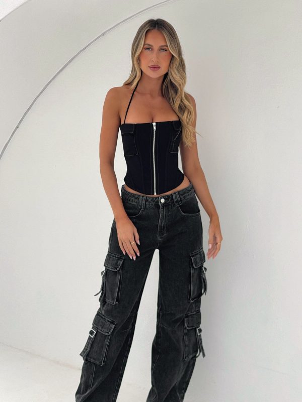 LONG NIGHT DENIM CARGO PANTS WASHED BLACK For Sale - Image 2